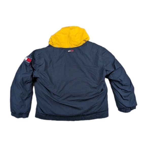 Vintage Tommy Hilfiger Jacket Down Puffer Coat Navy Blue Mens Size XL 90s Hooded - Picture 2 of 14